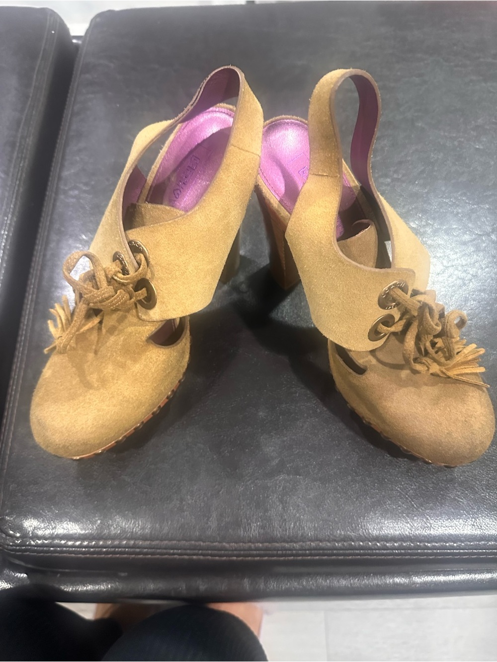 Coach Tan Suede Slingback Platform Heels with Tassel Detail